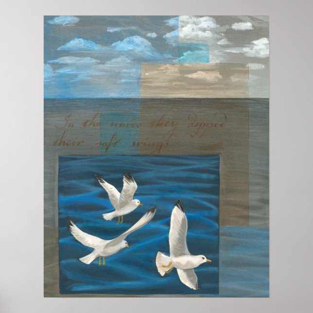 Póster Tres gaviotas blancas volando sobre el agua (Frente)