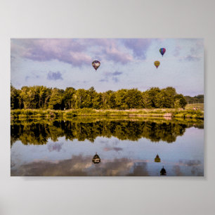 Póster Tres globos aerostáticos flotando sobre un paisaje