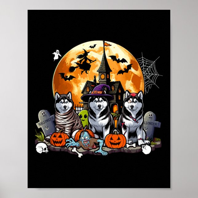 Póster Tres Huskies de Halloween como la bruja de terror (Frente)