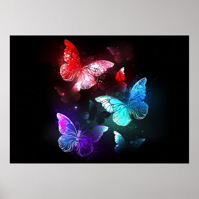Póster Tres mariposas brillantes en el fondo nocturno (Frente)