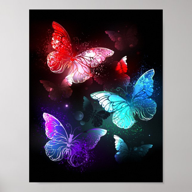 Póster Tres mariposas brillantes en el fondo nocturno (Frente)