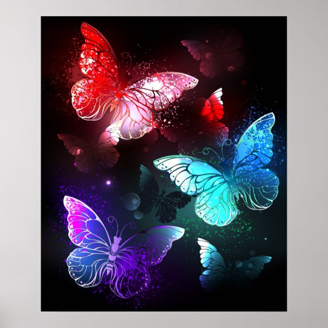 Póster Tres mariposas brillantes en el fondo nocturno (Frente)