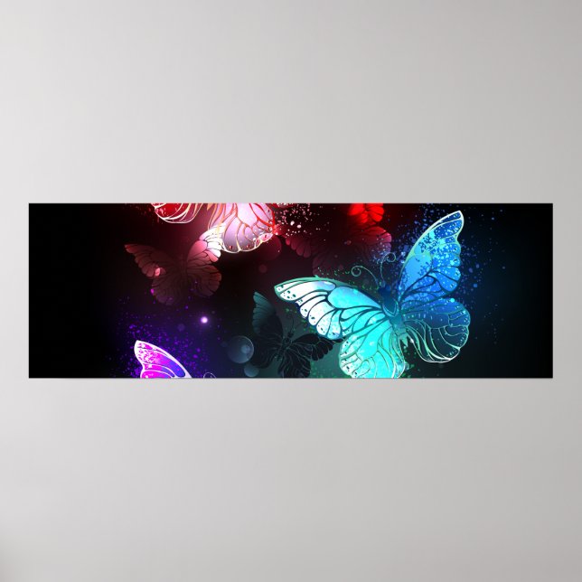 Póster Tres mariposas brillantes en el fondo nocturno (Frente)