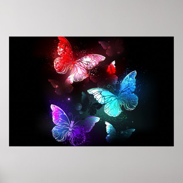 Póster Tres mariposas brillantes en el fondo nocturno (Frente)