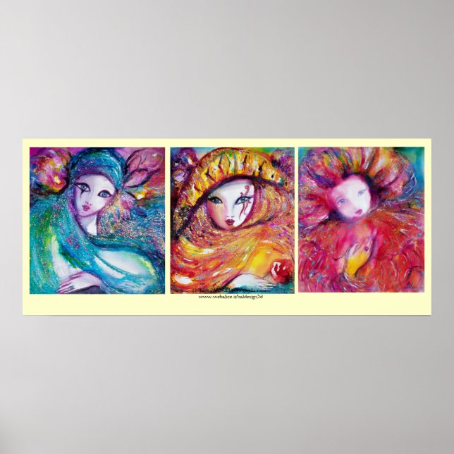 PÓSTER TRES MÁSCARAS DE CARNAVAL EN AZUL, ROJO, AMARILLO (Frente)