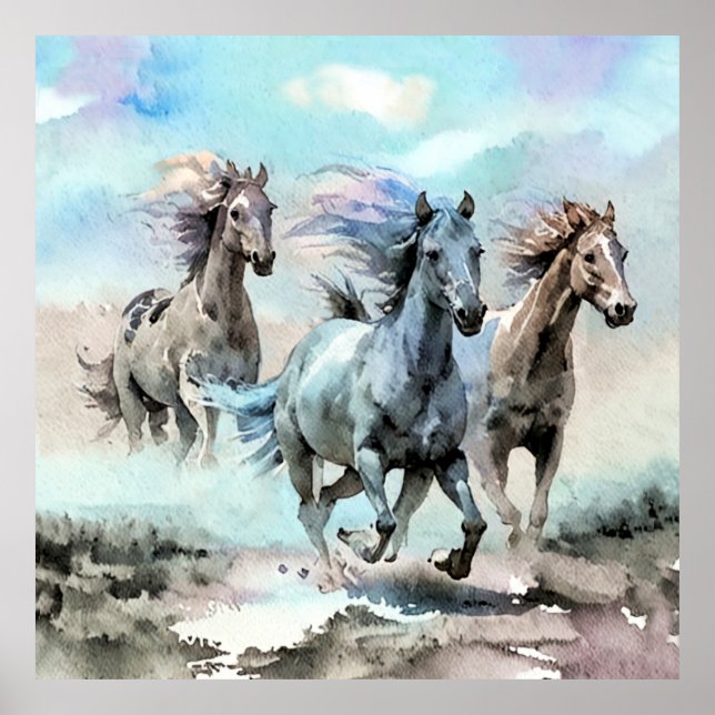 Póster Tres Mustangs Salvajes Corren a Través de las Llan (Frente)