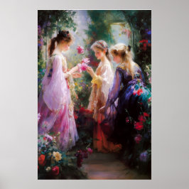Póster Tres niñas jugando en un jardín