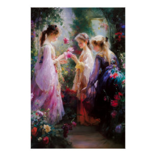 Póster Tres niñas jugando en un jardín