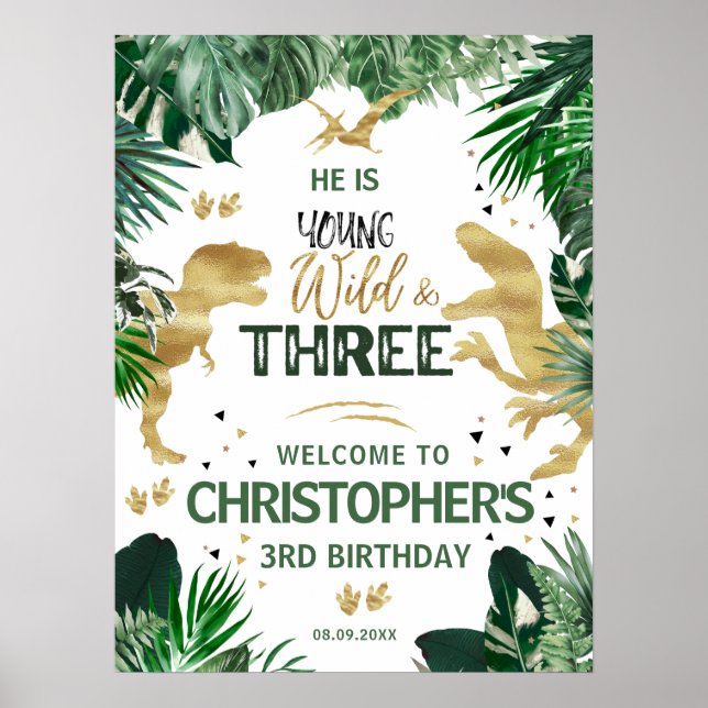 Póster Tres niños de Dinosaurios Salvajes Bienvenida al F (Frente)