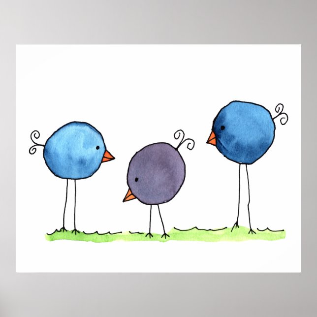 Póster Tres pájaros acuarela caprichosos (Frente)