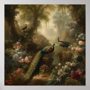 Póster Tres pavos reales en pintura al óleo de bosque enc