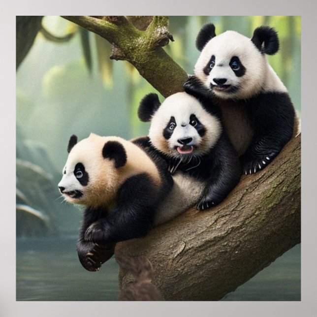 Póster Tres pequeños Pandas Cuitos posando para la cámara (Frente)