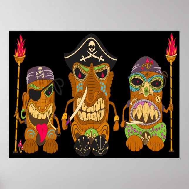 Póster Tres piratas tiki, negro divertido (Frente)