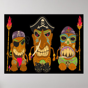 Póster Tres piratas tiki, negro gracioso