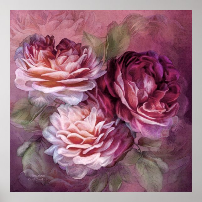 Póster Tres Rosas - Borgoña - Bella Artes Poster/Imprimir (Frente)