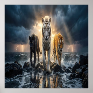 Póster Tres tigres en mar tormentoso