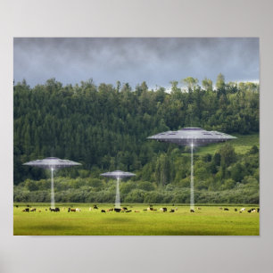 Póster Tres UFO con el campo del poster de las vacas