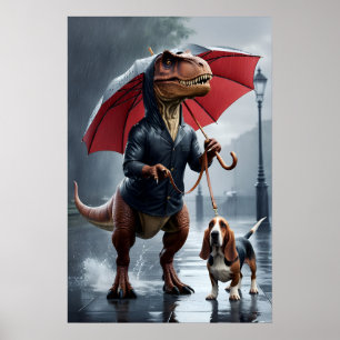 Póster Trex sosteniendo paraguas recorriendo el área