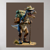 Trex usando gorra con mochila y bastón para camina
