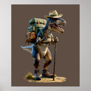 Póster Trex usando gorra con mochila y bastón para camina