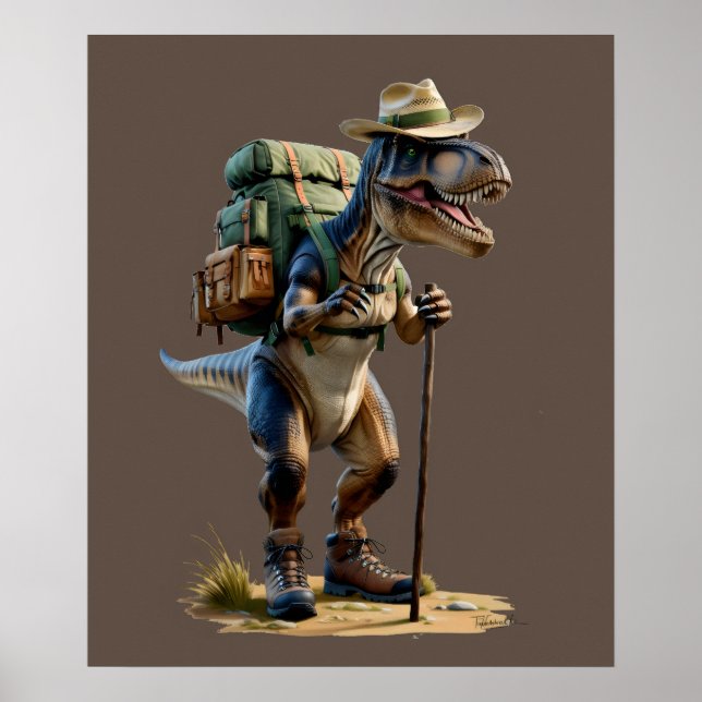 Póster Trex usando gorra con mochila y bastón para camina (Frente)