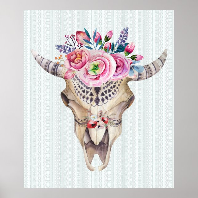 Póster Tribal Bull Skull & Pink Watercolors Flowers (Frente)
