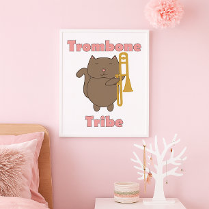 Póster Tribu del Trombón Lindo Gato Marrón Letras Rosas