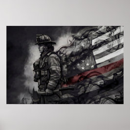 Póster Tributo a la Bombera con la Bandera Americana de L