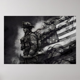 Póster Tributo al bombero Tinta de humo bandera americana