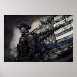 Póster Tributo de policía femenina Bandera americana de l