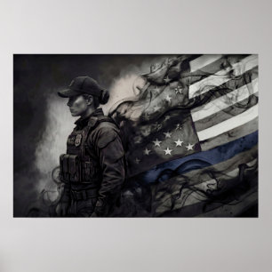 Póster Tributo de policía femenina Bandera americana de l
