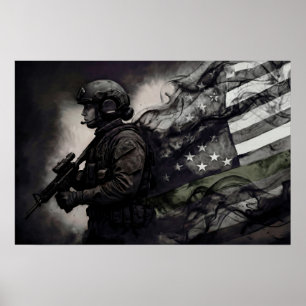 Póster Tributo Militar a la Bandera Americana Línea Verde