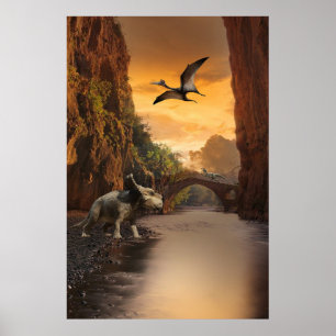 Póster Triceratops, Velociraptor y Pterodactilo