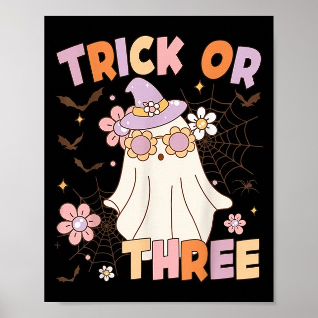 Póster Trick Or Three Cute Ghost Groovy 3rd Birthday Soky (Frente)