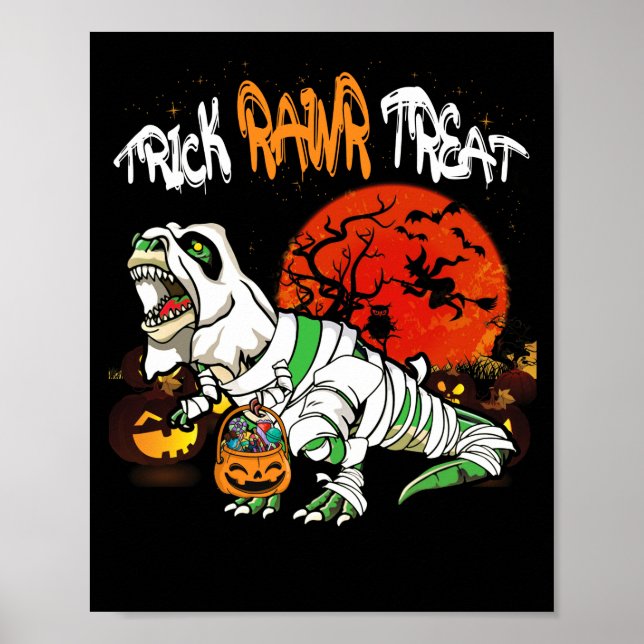 Póster Trick Rawr Tret Halloween Dinosaur T Rex Pumpkin (Frente)