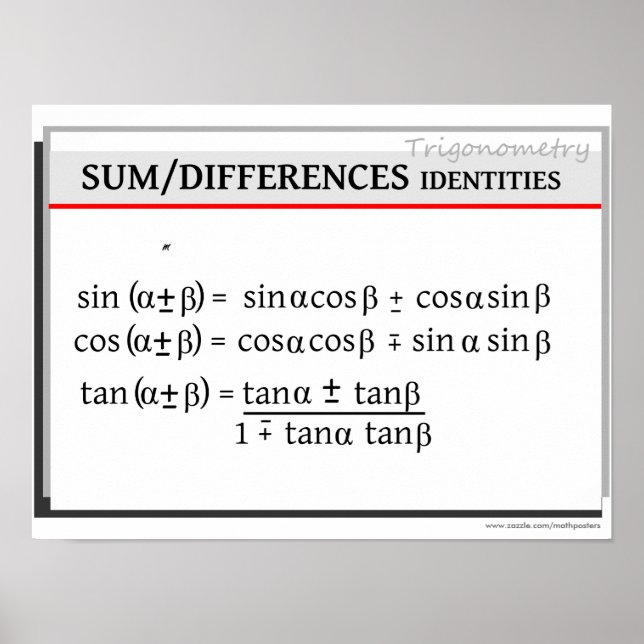 Póster Trigonometría: Suma / Diferencias de identidades (Frente)