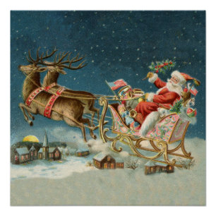 Póster Trineo Antiguo de Navidad de Santa Claus Reno