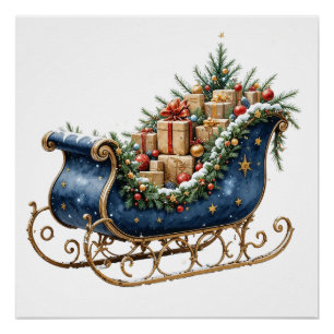Póster Trineo de Navidad vintage acuarela