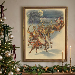 Póster Trineo de Santa Claus vintage con renos de Navidad