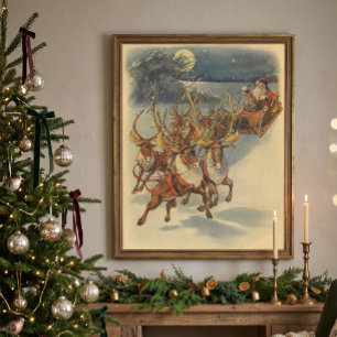 Póster Trineo de Santa Claus vintage con renos de Navidad