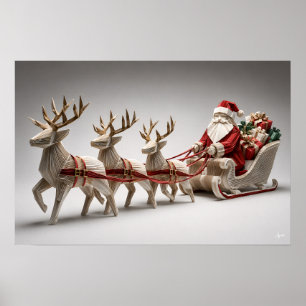 Póster Trineo de Santa con Reno en Origami