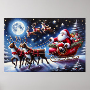 Póster Trineo de Santa con renos en la noche de Navidad