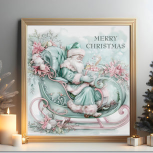 Póster Trineo de Santa Vintage Navidad Azul Teal Rosa