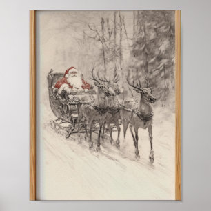 Póster Trineo vintage de Santa bosque de Navidad Boceto