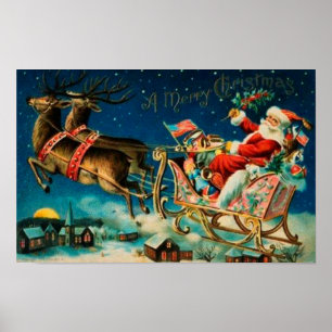 Póster Trineo vintage de Santa Claus Navidad Vacaciones