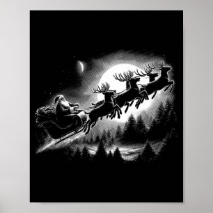 Póster Trineo vintage de Santa volando sobre el bosque Na
