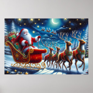 Póster Trineo y renos de Santa en la noche de Navidad
