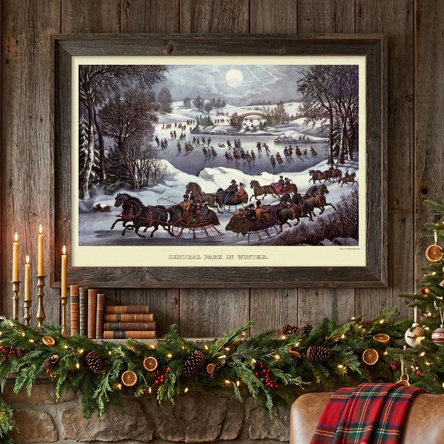 Póster Trineos Navideños Vintage, Central Park en Inviern (Vintage illustration Christmas image originally published by Currier & Ives - Central Park in Winter)