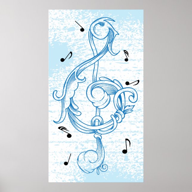 Póster trinitosa clef Blue scrollwork sol note key poster (Frente)