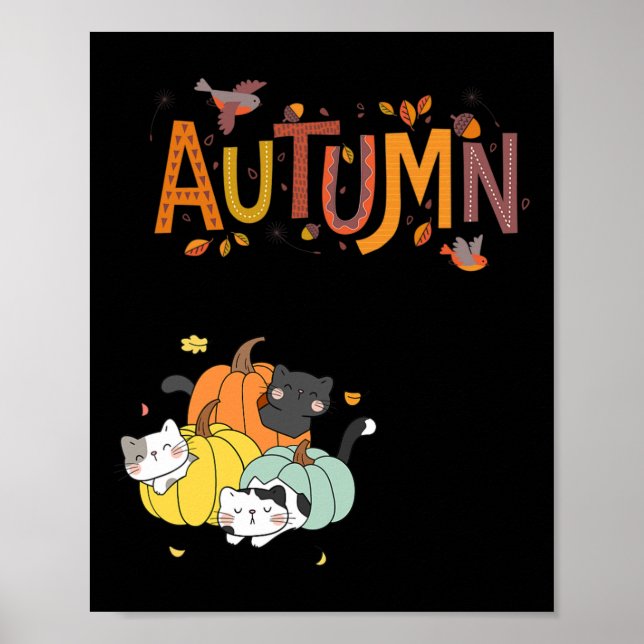 Póster Trio Cute Calabaza Gatos Hola Otoño Funny (Frente)